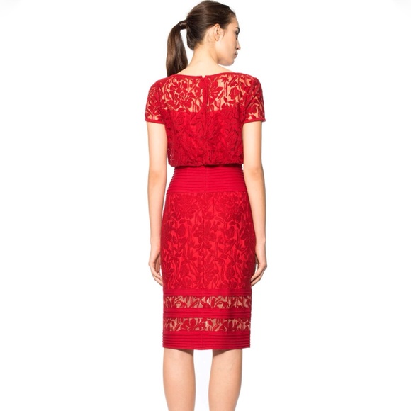TADASHI SHOJI RED PLEATED BLOUSON WAIST SHEER EMBROIDERED LACE CAP SLEEVE DRESS - Picture 3 of 16
